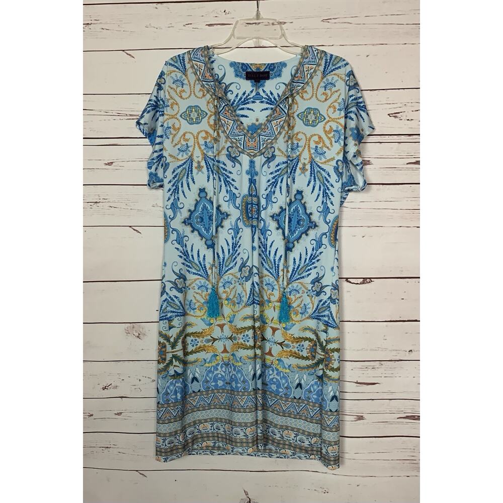 HALE BOB Women’s L Large Blue Short Sleeve Spring Summer Boho Old Money Dress
